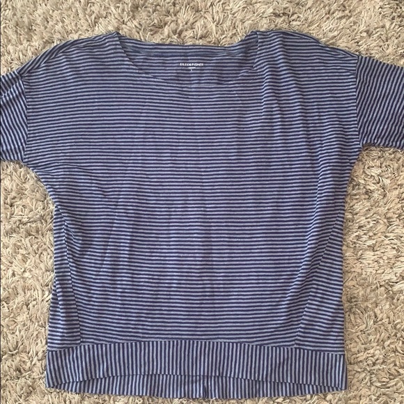 EILEEN FISHER Organic Linen Navy Striped Top - Picture 6 of 15